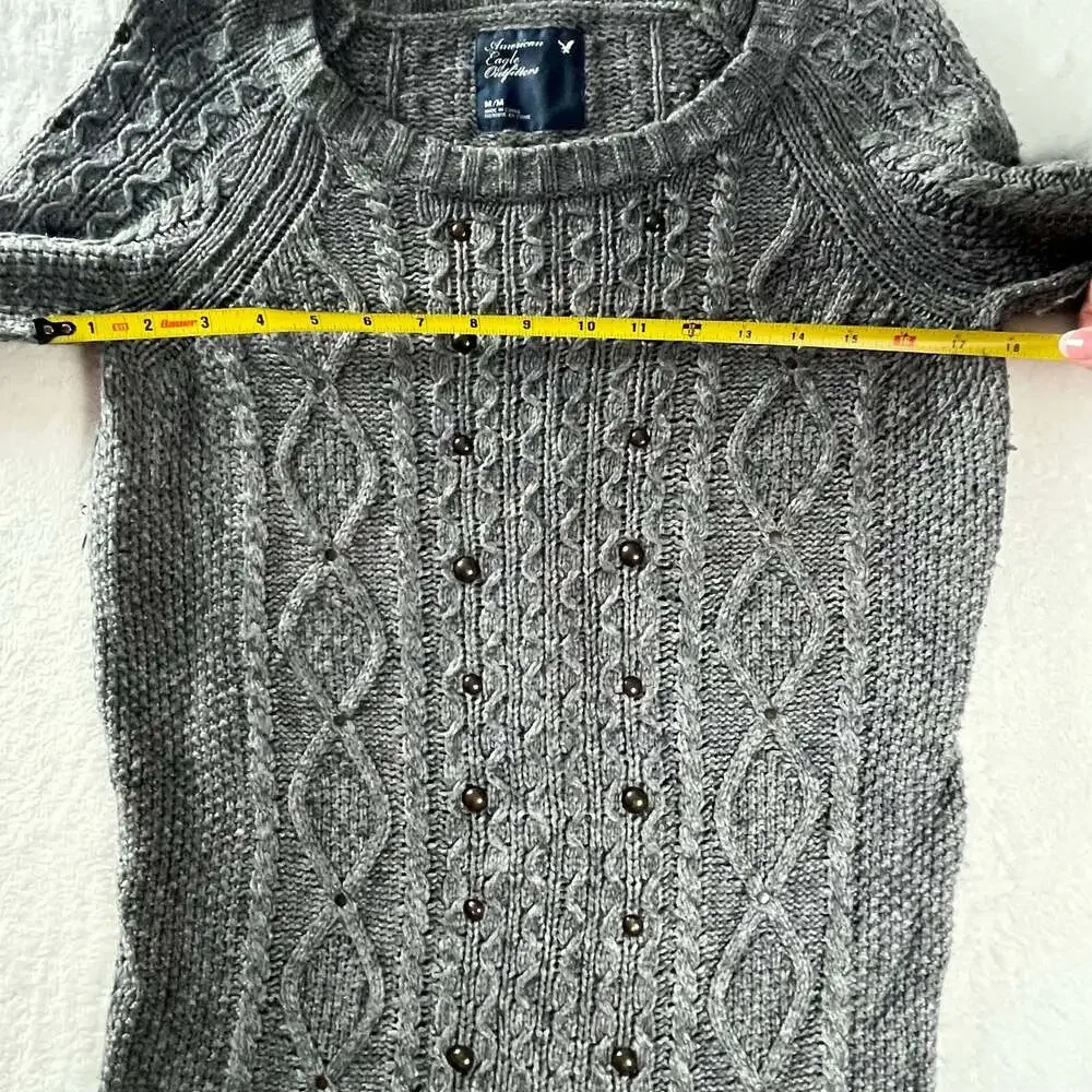 American‎ Eagle Wool Blend Cable Knit Studded Sweater Gray M Indie
